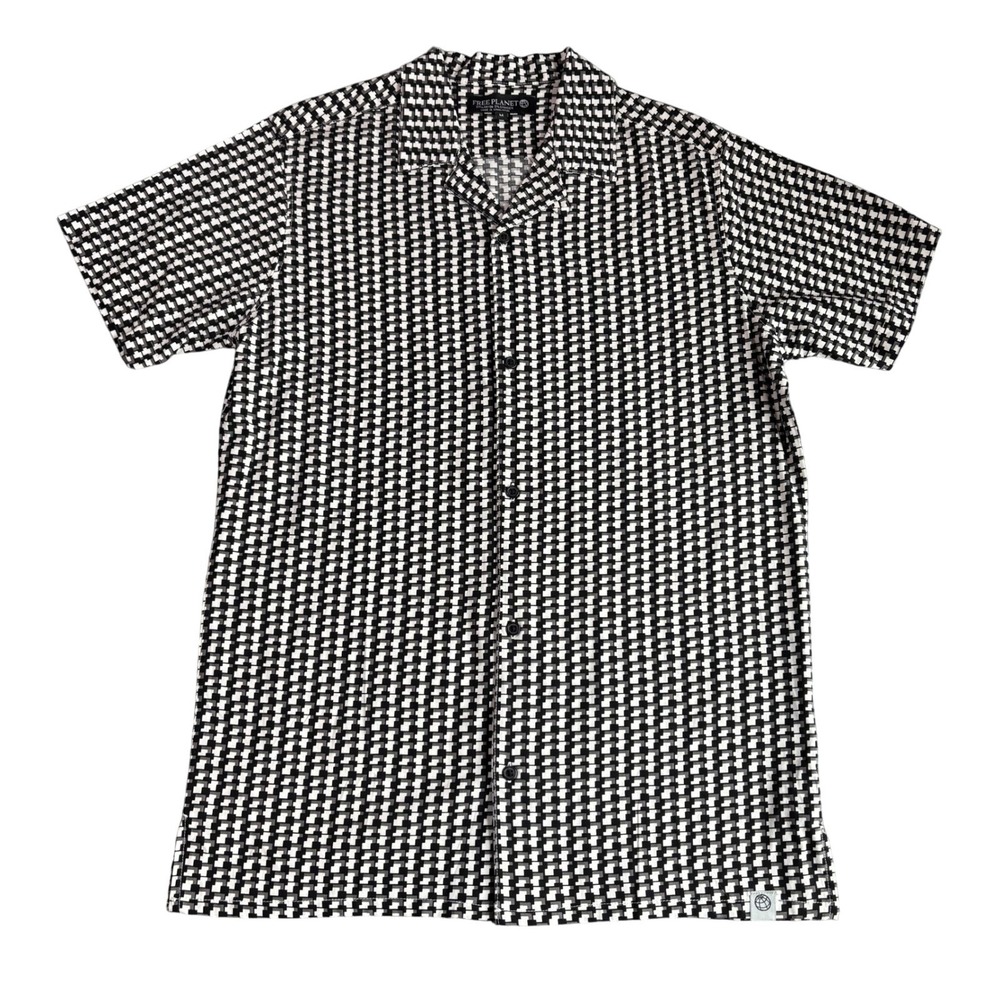 NWT Free Planet Mens Medium‎ Houndstooth Button UpShirt Black/Grey Short Sleeve